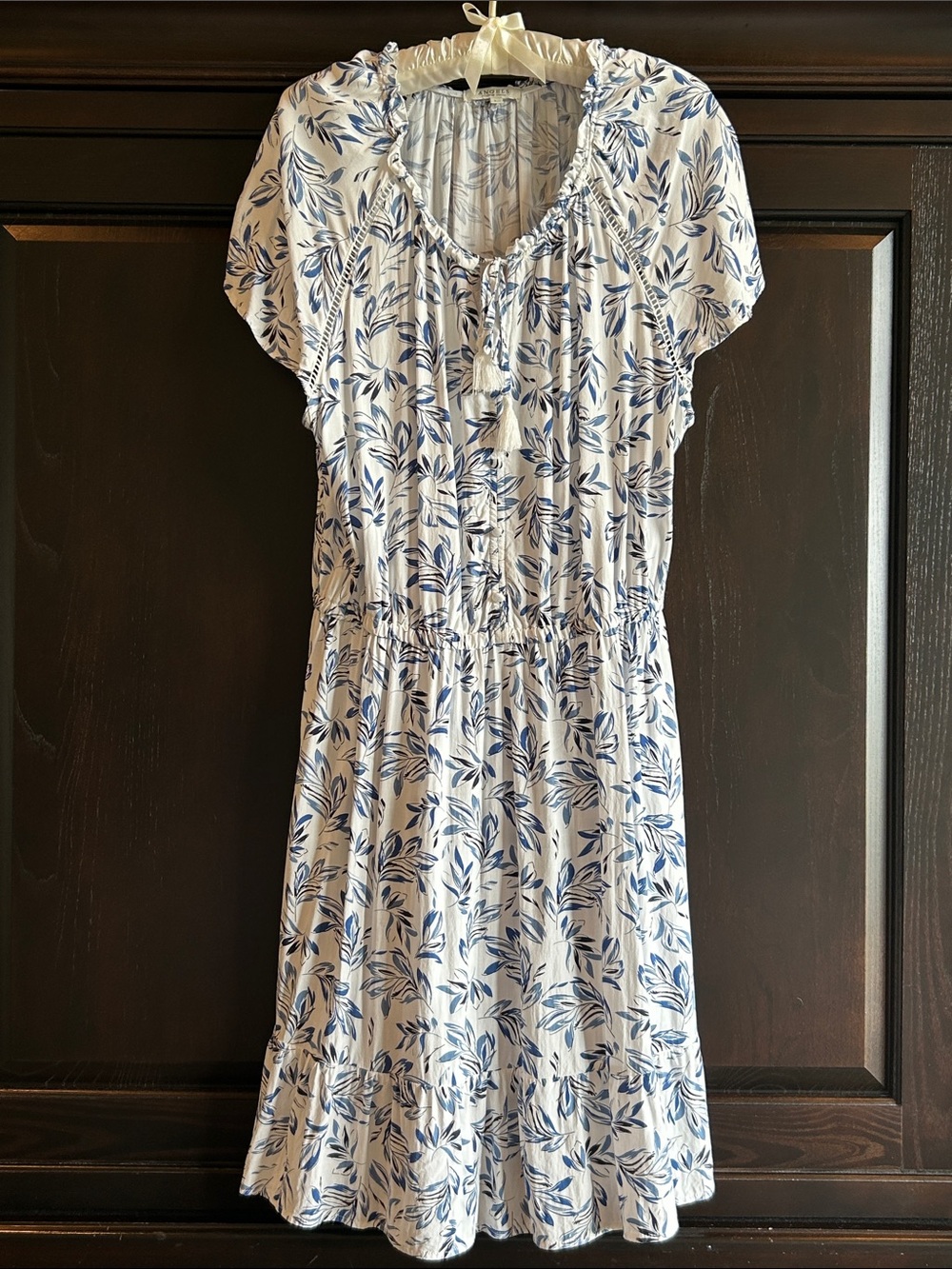 Angels White Dress with Blue Leaf Print• L
